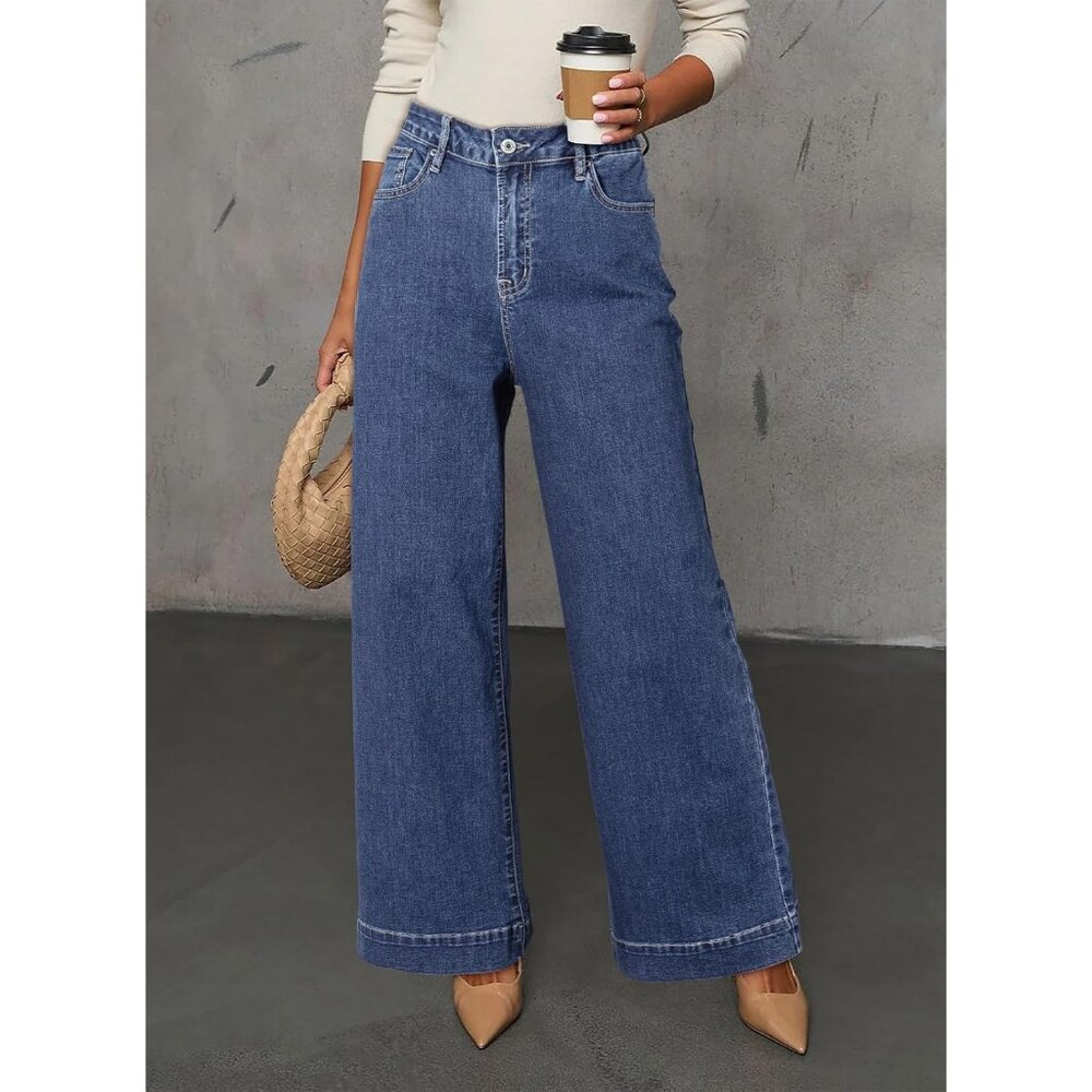 Women's Sky Blue Waisted Wide Leg Denim Jeans Stretchy Loose Pants with Pocket - Picture 2 of 6